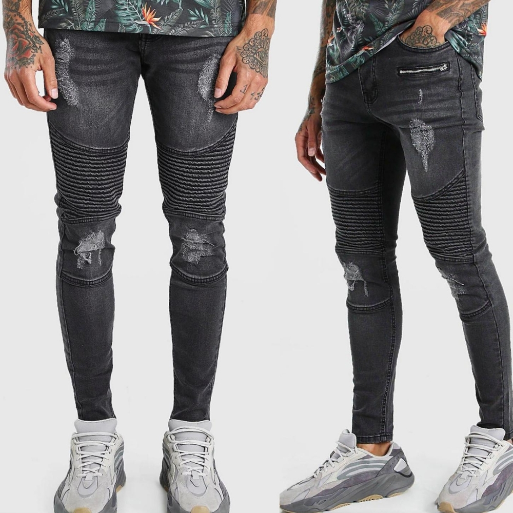 boohooMAN Spray On Skinny Biker Jeans w/ Zips